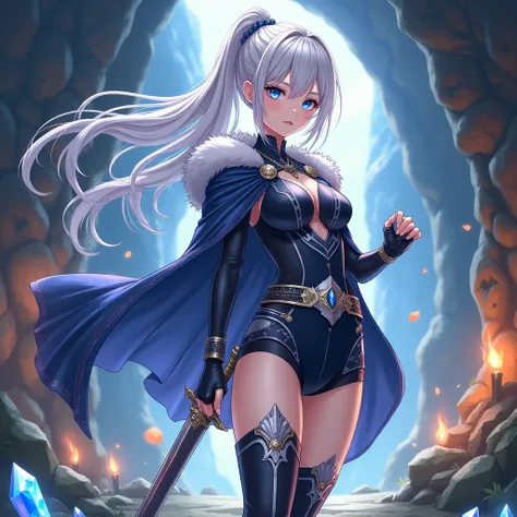 "A Japanese anime-style illustration of a 16-year-old girl in a modern isekai fantasy world. She has long, flowing light gray hair tied into a high ponytail that cascades down her back with soft strands framing her delicate face and a light fringe across h...