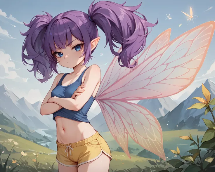score_9_up, score_8_up, score_7_up, 1girl, solo, source_anime, fairy, FairyForm, Fairy Wings, Wings BREAK
Short twintails, fairy wings, bangs, small breasts, purple hair, blue eyes BREAK
White tank top, navel, Yellow shorts BREAK
Closed mouth, bored ...