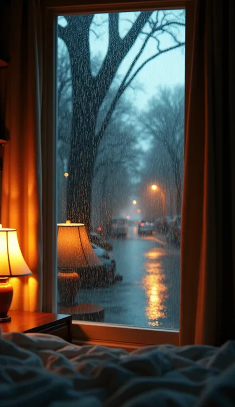 A highly realistic, photorealistic image, centered on a window in a bedroom. The focus is on the highly detailed exterior: the leaves visible on the trees, the subtle reflections in the puddles on the ground. The rain itself is dynamic, with varying drople...