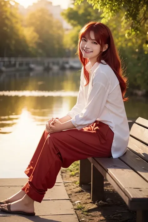   digital art  , ( girl , red_hair, flower, Baggy pants,  white shirt,  Modest Smile,  Cute Looks ), (Sitting on bench,  Theres a River  , golden hour),,  by Daniil Sponitsky Jepeghman