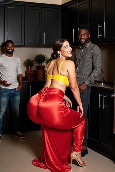 Beautiful indian woman, 44 years old, soft white skin, low bun hair, huge very big booty, strong legs, wears a yellow silk bra,, red shining silk Saree, gold stelito heels, she shows her huge very big booty towards the camera by squatting down and at the s...