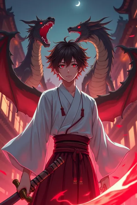 A brown-haired teenage boy swordsman wearing a white Japanese blouse with a Japanese store behind him ,  all anime style
At night with 3 dragons behind him
With him in front
Red details on his clothes
A red aura around him, his sword begins to turn red. 