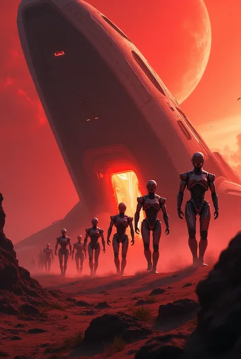 Many Robots Leaving a Spaceship and the Red Sky