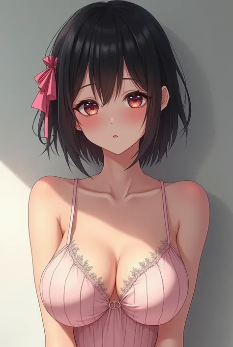 Loli anime girl in pink wet clothes, realistic shadows, detailed skin, very small breasts, black hair, hair ribbon, very detailed, highly detailed face in 8k, perfect face shape, perfect lips, perfect nose, correct beautiful eyes, for viewers, masterpiece,...