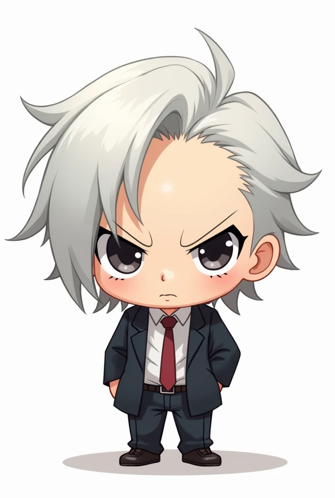 2D chibi anime image, a man, sharp face, white hair, limp hair, with white background,