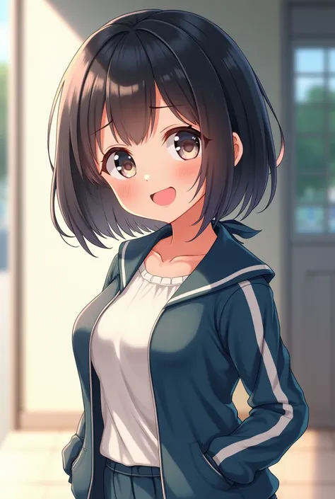 cute, girl, , 6th elementary school student, black hair, Bob- Half up-short ponytail, school track suit, white knee-high socks, big bust, (((shiny skin))), blush, smile