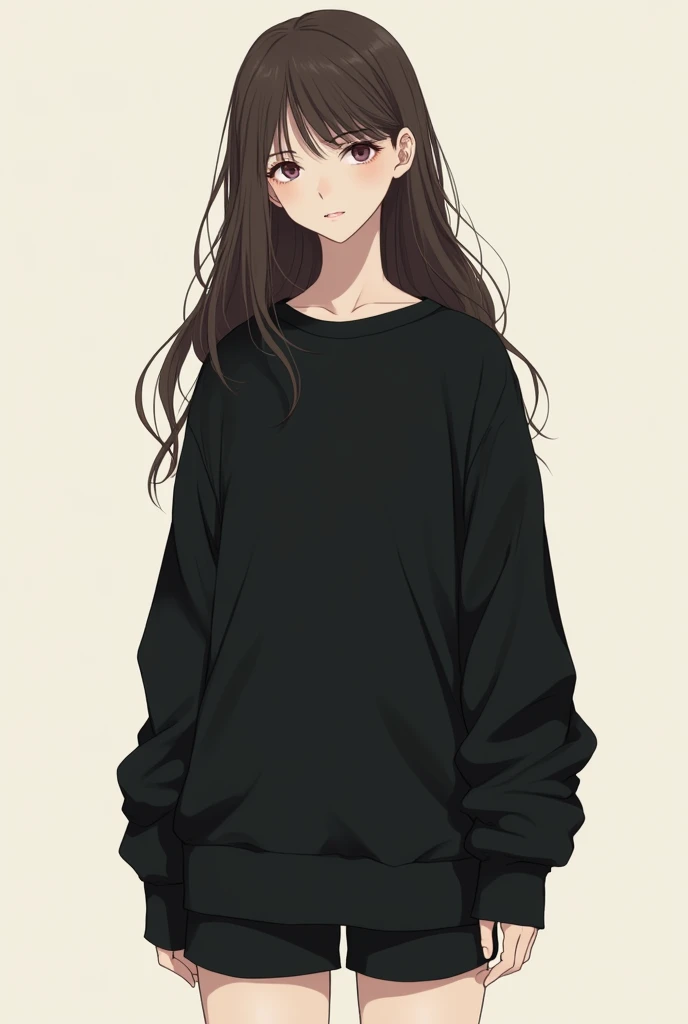 pale skin, brown hair, outline, black sweater, black t-shirt, black shorts, expressionless, 1girl to activate the custom training anime