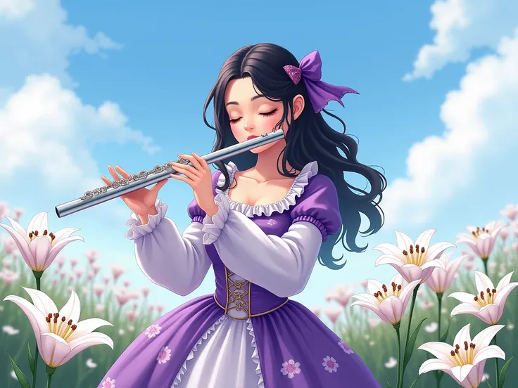 hi.  Sea Art .  I want to draw a novel character .  help me .  Ill describe . The skin of a  girl ,  Polite and elegant vibe ,  Im wearing a flowery purple medieval style dress with frills. ,  Black hair length that reaches the waist ,  A shiny purple ribb...