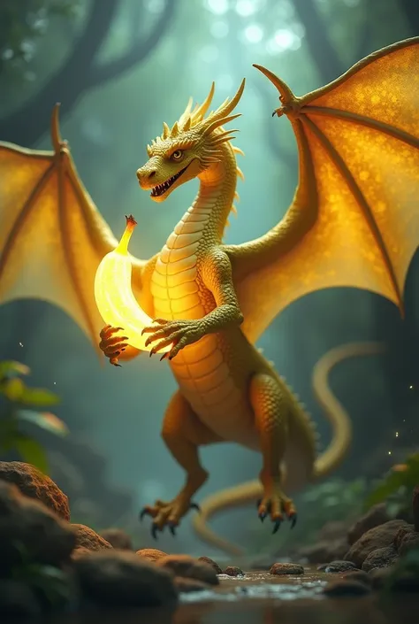 A yellow-hued dragon holds a banana lumer