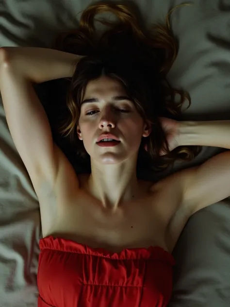 daisyjflx, picture from above, lying limp on a bed on back, red strapless dress , drunk face, arms up, closed eyes