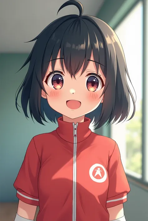 cute, girl, , 6th elementary school student, black hair, Bob- Half up-short ponytail, school track suit, white knee-high socks, big bust, (((shiny skin))), blush, smile