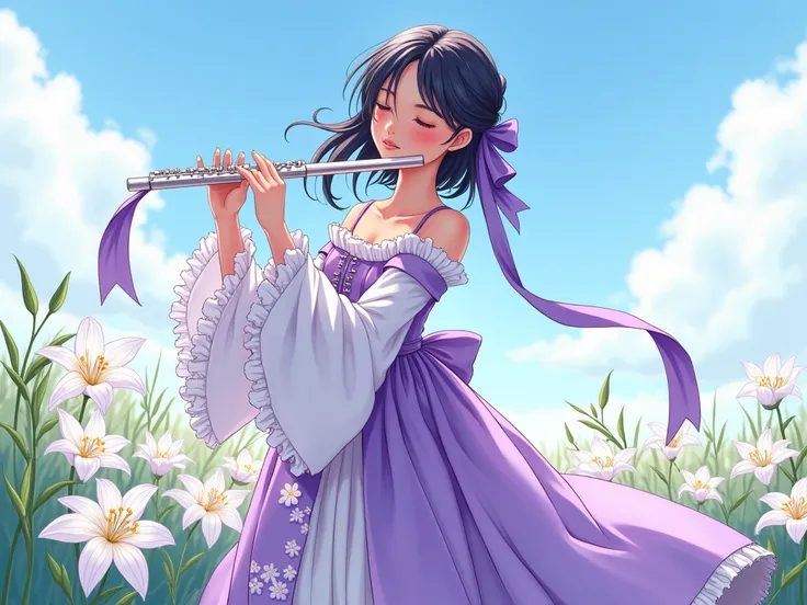 hi.  Sea Art .  I want to draw a novel character .  help me .  Ill describe . The skin of a  girl ,  Polite and elegant vibe ,  Im wearing a flowery purple medieval style dress with frills. ,  Black hair length that reaches the waist , A long, shiny purple...