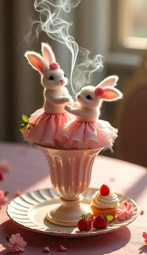  create a delicious ice cream effect , with flowing waterfalls  ，, , the delicious ice cream effect of cigarette smoke ， shaped like a vase with blooming flowers ，  A furry Angora rabbit made of two ice creams on an upscale dinner plate is dancing， Two fur...