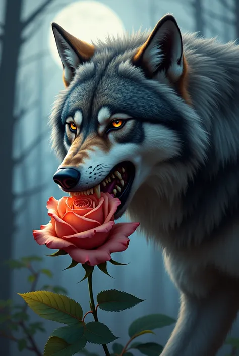 A wolf cracking a rose 