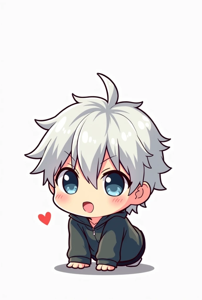 2D chibi anime image, a man, sharp face, white hair, limp hair, short hair, The character is very cute chibi with white background,