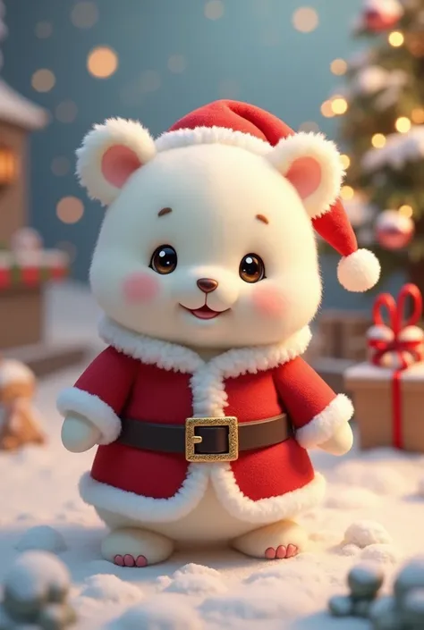 A cute little white bear from Sylvanian Families wears a Santa costume and has a smiling expression
Her eyes are adorable and shes young and cute