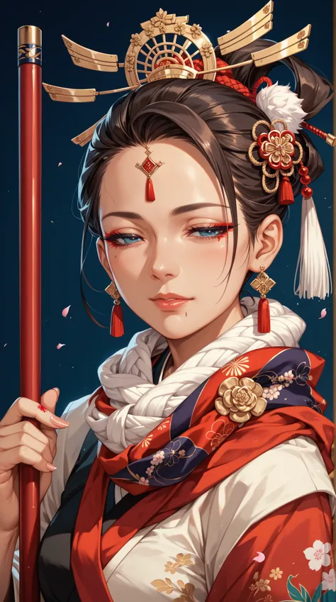 bust， Invisibly 50 year old woman，Japanese Samurai，half-closed eyes，bleed， Sectional Ponytail ， Luxurious Hair Accessory ， Elegant Apparel ， Heaven Silk Scarf ， Wearing a Headpiece ， Heavenly Scarf ，Wearing a cane ， Solemn Erection ， Sacred Place 