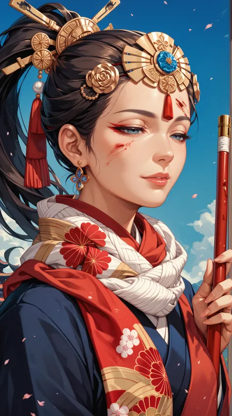 bust， Invisibly 50 year old woman，Japanese Samurai，half-closed eyes，bleed， Sectional Ponytail ， Luxurious Hair Accessory ， Elegant Apparel ， Heaven Silk Scarf ， Wearing a Headpiece ， Heavenly Scarf ，Wearing a cane ， Solemn Erection ， Sacred Place 