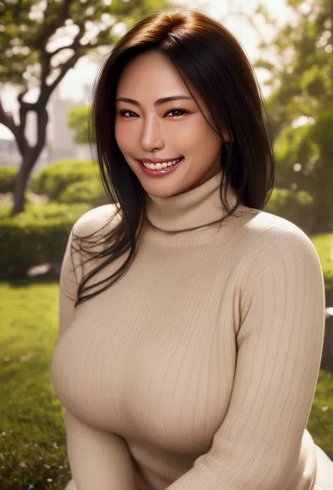              (Outdoor portrait focusing from the chest upward), (1 woman), (Beautiful Japanese mature woman), (Facial features resembling those of a latina White woman:0.5), (Gorgeous and erotic smile:1.5), (Big smile:1.3), (Confident posture with chest fo...