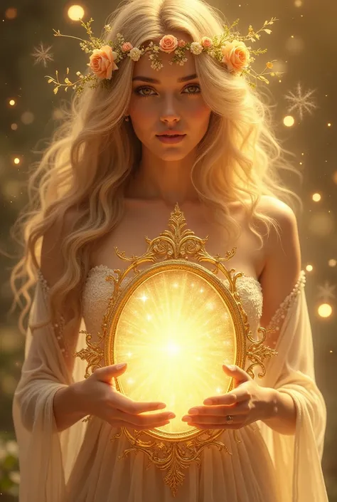 Imagine a radiant goddess adorned with golden vines and roses. She exudes beauty and grace, holding a mirror that reflects pure energy.