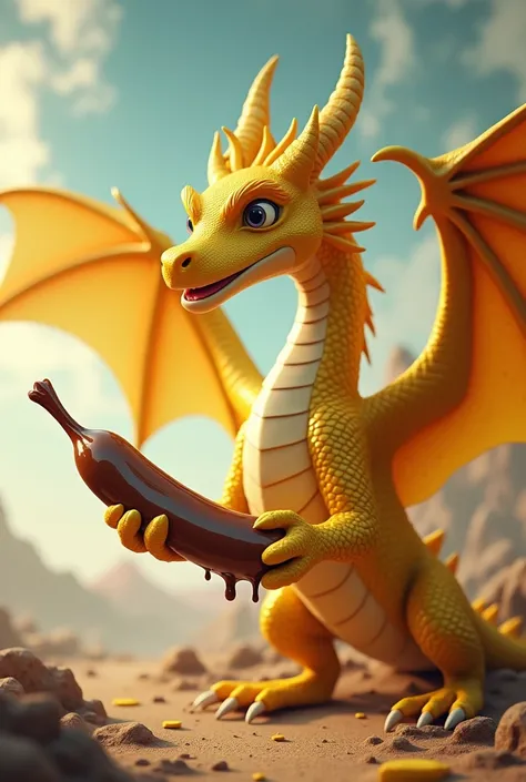 yellow dragon holding a chocolate melted banana