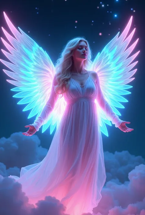 An ethereal neon-style depiction of a glowing angel. The angel has radiant white wings with neon blue and pink highlights, a serene expression, and is surrounded by a glowing aura. The background is a starry, dark sky with subtle neon light trails. The ove...