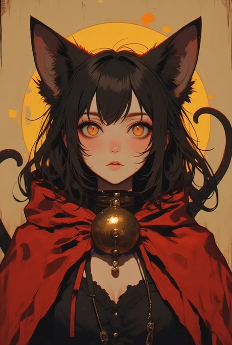 Cat beast woman, big bell around her neck, red cloak, ultra detailed, absolutely resolution, masterpiece