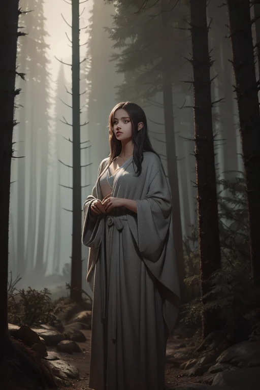 Beautiful girl in a gray robe standing in a dark forest, Spectacular style,  octane render , Desert Composition,  beautiful faces,  hyperrealistic , Oil painting on canvas,  Award winning , masterpiece, Trending on ArtStation, Produced by Studio Ghibli