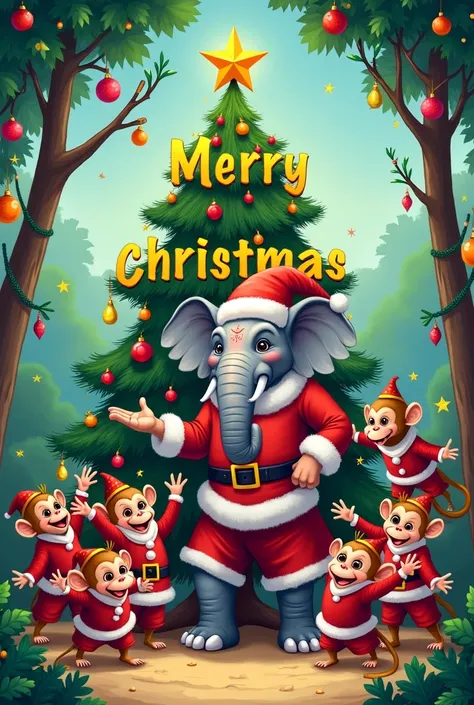 Ecriture police gras : Mery christmas. Thème thailand sapin de Noël lutin singe éléphant déguiser en père Noël 