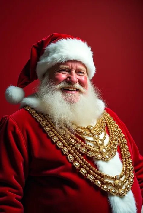 Santa Claus on a solid red background ,  smiling with his gold teeth and squandering gold necklaces