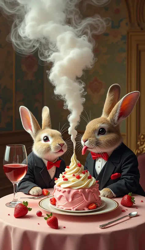  create a delicious ice cream effect , with flowing waterfalls  ，, , the delicious ice cream effect of cigarette smoke ， shaped like a vase with blooming flowers ，  A furry Angora rabbit made of two ice creams on a high-end dinner plate is stealing alcohol...