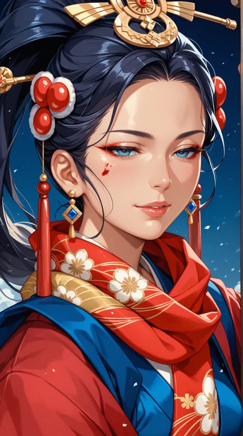 bust， Invisibly 50 year old woman，Japanese Samurai，half-closed eyes，bleed， Sectional Ponytail ， Luxurious Hair Accessory ， Elegant Apparel ， Heaven Silk Scarf ， Wearing a Headpiece ， Heavenly Scarf ，Wearing a cane ， Solemn Erection ， Sacred Place ，Exuding ...