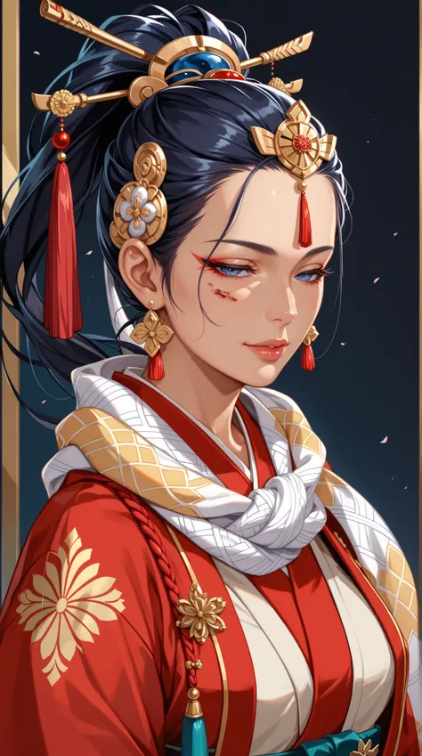 bust， Invisibly 50 year old woman，Japanese Samurai，half-closed eyes，bleed， Sectional Ponytail ， Luxurious Hair Accessory ， Elegant Apparel ， Heaven Silk Scarf ， Wearing a Headpiece ， Heavenly Scarf ，Wearing a cane ， Solemn Erection ， Sacred Place ，Exuding ...