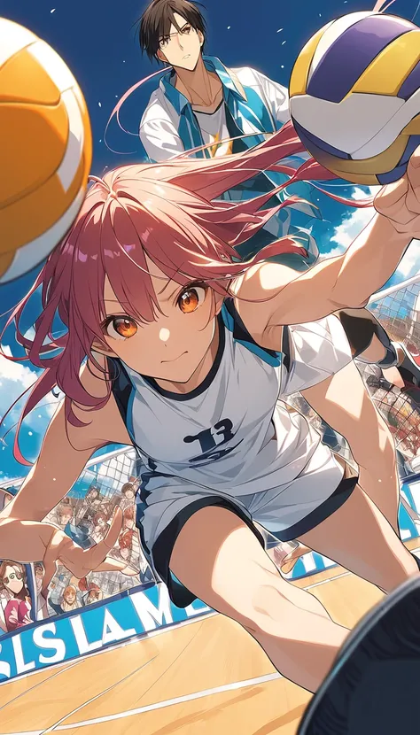  people playing volleyball on the court々Closeup of a group of ,  anime cover , Close up of two people running through the sky against the , Volleyball court background,  Hinata Hinata, Slam dunk scene, Yukio - e,  TV TOKYO 2010s anime series , By Eizan Kik...