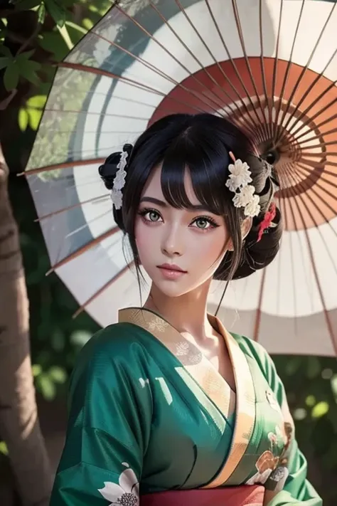 Anime Dark-skinned geisha with green eyes and umbrella, 