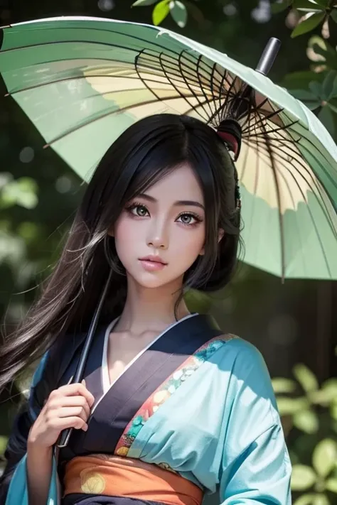 Anime Dark-skinned geisha with green eyes and umbrella, 