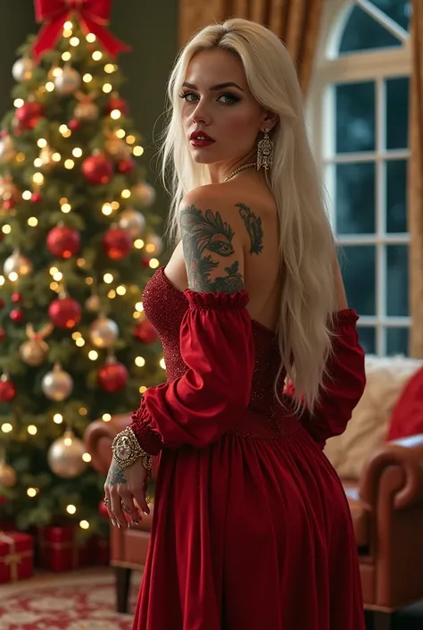 Latin realistic style image Lana del Rey with full body back , pelo blanco largo liso ,  green eyes , aretas , Decorated nails  , red Christmas costume ,  tatuajes ,  next to a Christmas tree in the living room of a white mansion at night in Los Angeles 