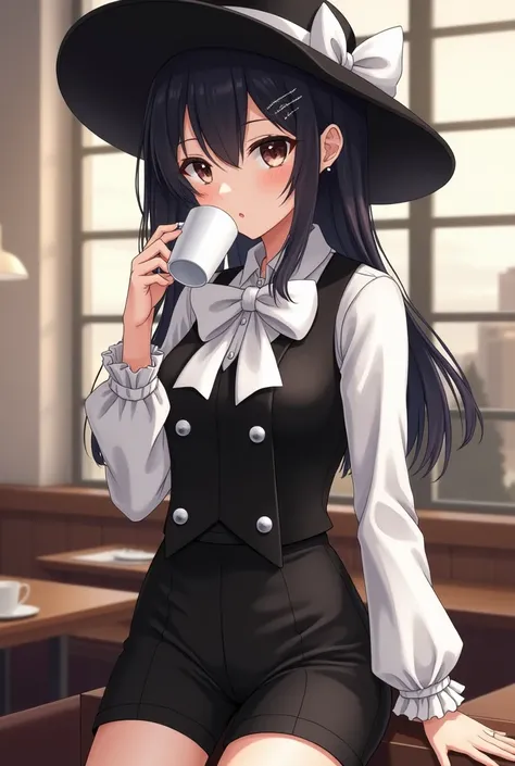 girl with black hair,drink coffee wear a black and white outfit on a mannequin.the outfit consists of a white blouse with long sleeves and ruffled cuffs,black vest with silver buttons,and black shorts,A large white bow is tied at the neck and she wears bla...