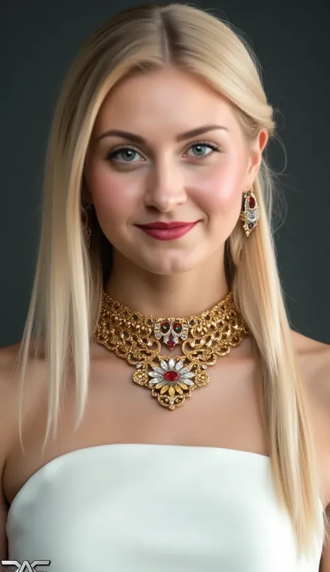 Freya Harldsson, 35 age,  in Brooklyn, she has long blonde hair that falls across one shoulder in a single plait, with smooth and unblemished pale skin,sky-blue eyes, and a warm smile. Freya beauty and her love of jewelry: a white top.Around her neck is a ...