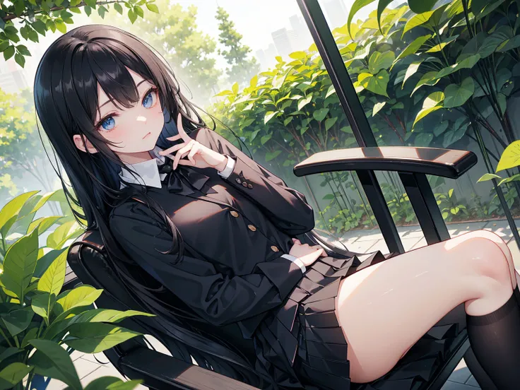  Long straight black hair , School Uniform,     blue eyes，  Black Leather Shoes  ，   black pleated skirt   ,    black pantyhose ,   Black Leather Shoes  ,    Sit in a leather chair  ，Lean Back ，  charming posture  , spread his legs, Lower body，HEALTHY SKIN...