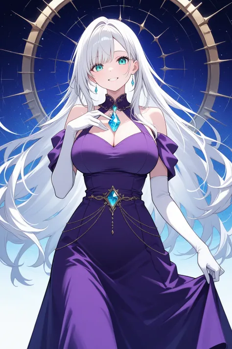 masterpiece, best quality, cowboy shot, looking at viewer, smile, teeth, 1girl, large breasts, long hair, white hair, bangs, aqua eyes, jewelry, purple dress, white elbow gloves, holding gem, diamond (gemstone), abstract background, starry background, abst...