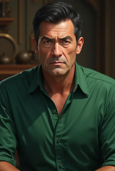 45-year-old person , king,  with very short black hair, green shirt 