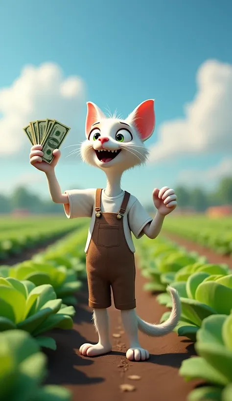 cinematic 3D style, HD image, realistic image ,colourful image.
Character, Thin Johnny big white cat wearing a dirty white t-shirt and brown overalls,
Action,There is a field with cabbage plants lined up in a line. Johnny, the big white cat, is standing in...