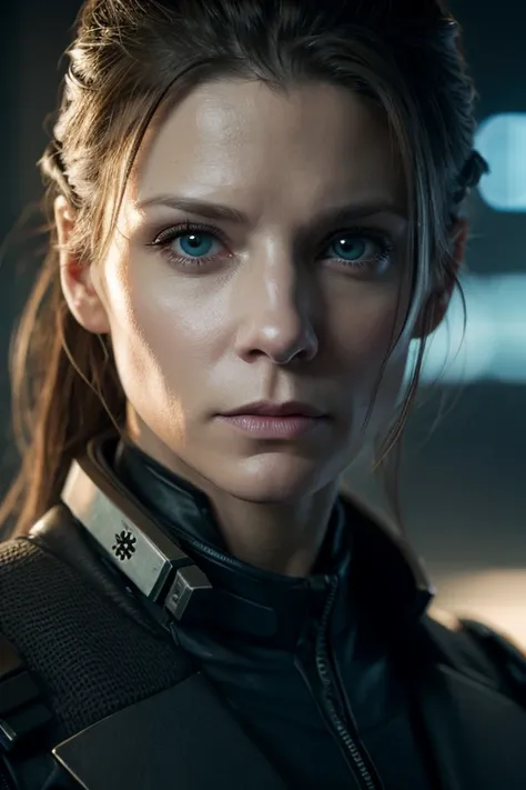 (Cyberpunk military scientist :1) (1 Female)  dark theme  ::   close-up focus on face  , Curious face, Katee Sackhoff&#39;s face,  hyperrealistic futuristic cyberpunk tall woman, :: medium brown hair, Futuristic glasses geek :: Inside the Cyberpunk Office ...