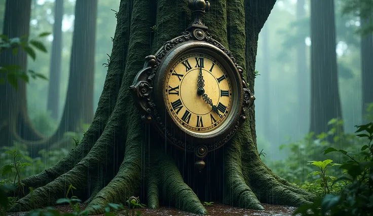 the huge clock on the tree began to tick again, faster and faster, until it was running, have a heavy rain