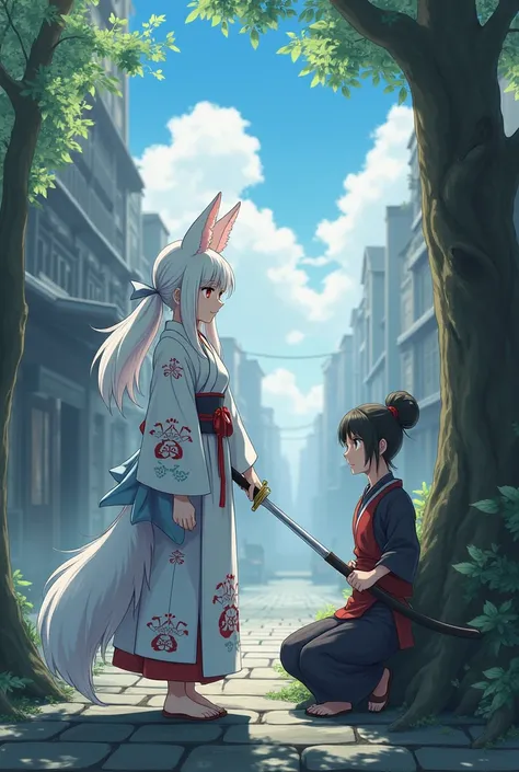  kitsune named ayano , looks about 30 years old,  big breasts ,stern look, with long, white hair, and a touch of azure color at the ends of the hair. has beautiful snow-white skin ,  gray eyes with red spots ,  red eyeliner ,  white kimono with spider lily...