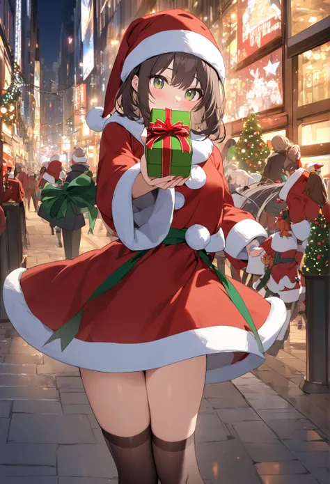 A girl wearing a Christmas costume and offering a gift; the background is a city bustling with Christmas activity,