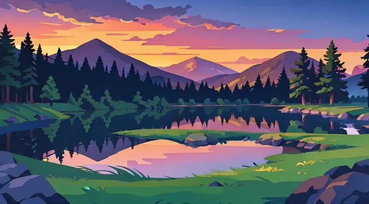 Beautiful park landscape painting, lake, camping, forest, at evening, purple sky