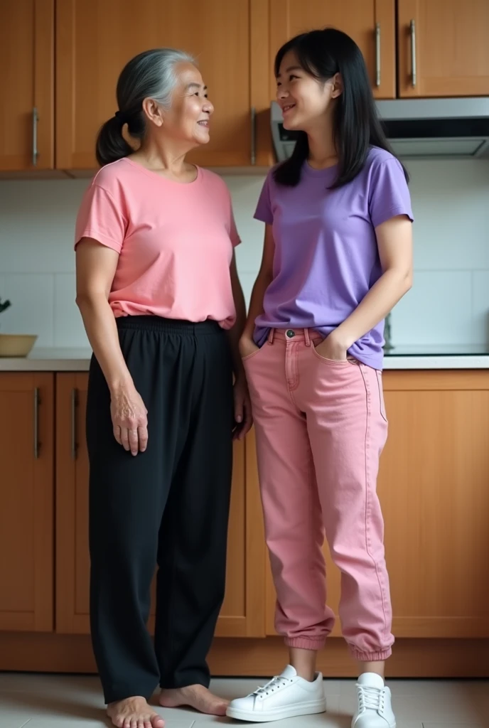 An Indonesian female elderly is wearing pink short sleeved top, black low waisted loose long pants, and barefooted. The woman has a fit and muscular figure. A Korean girl is wearing tight purple t shirt, pink low waisted loose jeans, and white sneakers. Th...