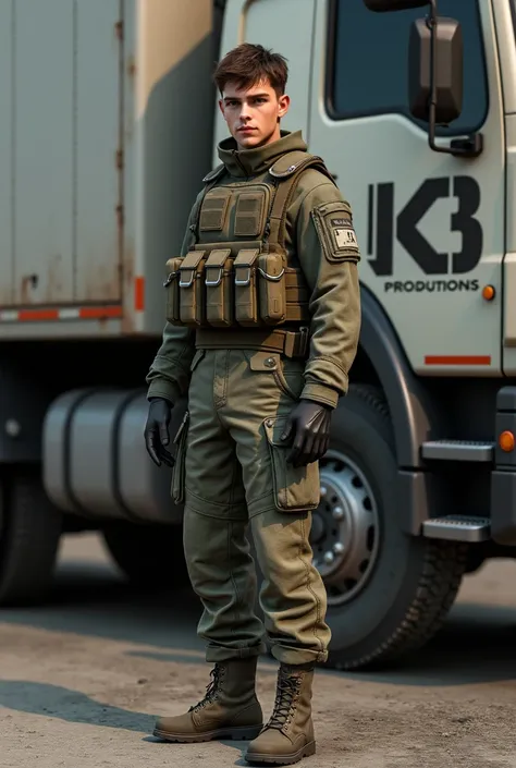 Create 3d image of 20 years ole boy white skin wearin coll of duty game uniform standing beside the truck background features kotere in white and black on it 